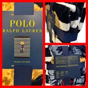 NWT Ralph Lauren Polo Bear Denim Navy Blue Plush Throw Blanket Gift Bag Set